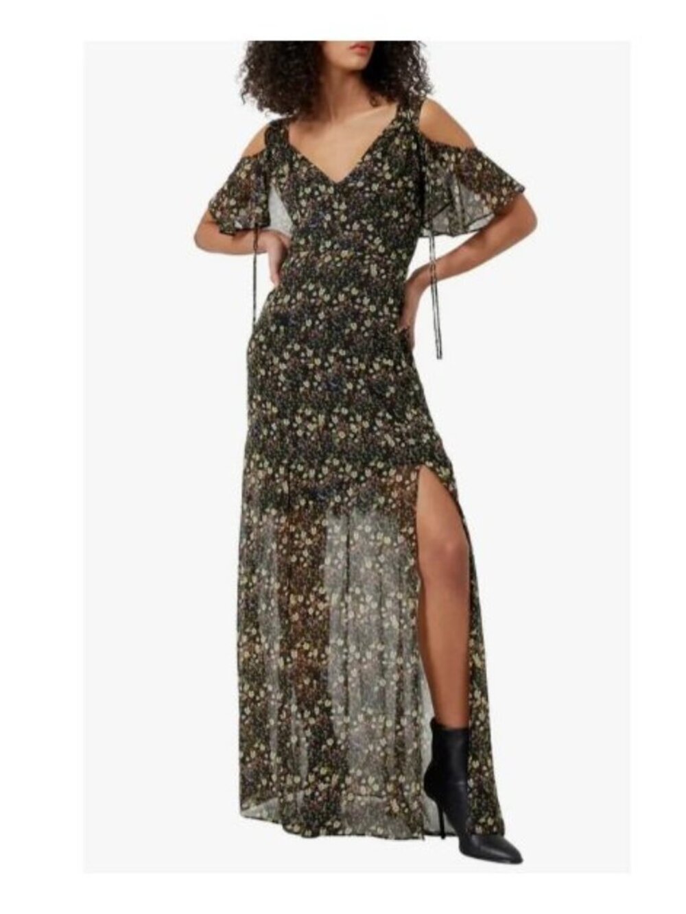 French Connection Hallie Floral Cold Shoulder Chiffon Maxi Dress Size 10